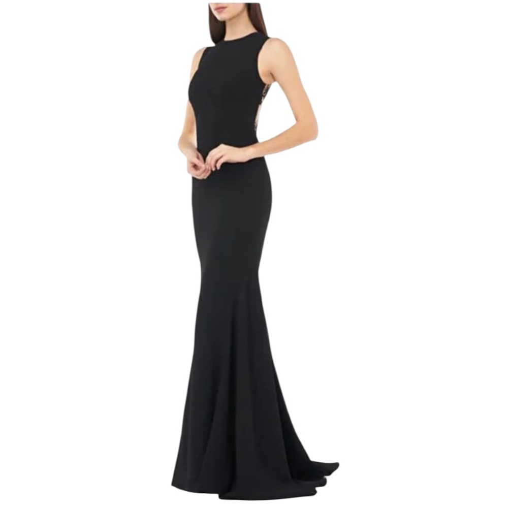 Carmen Marc Valvo Infusion Mermaid Gown Nude Back w/ Floral Embroidery Sequins 8